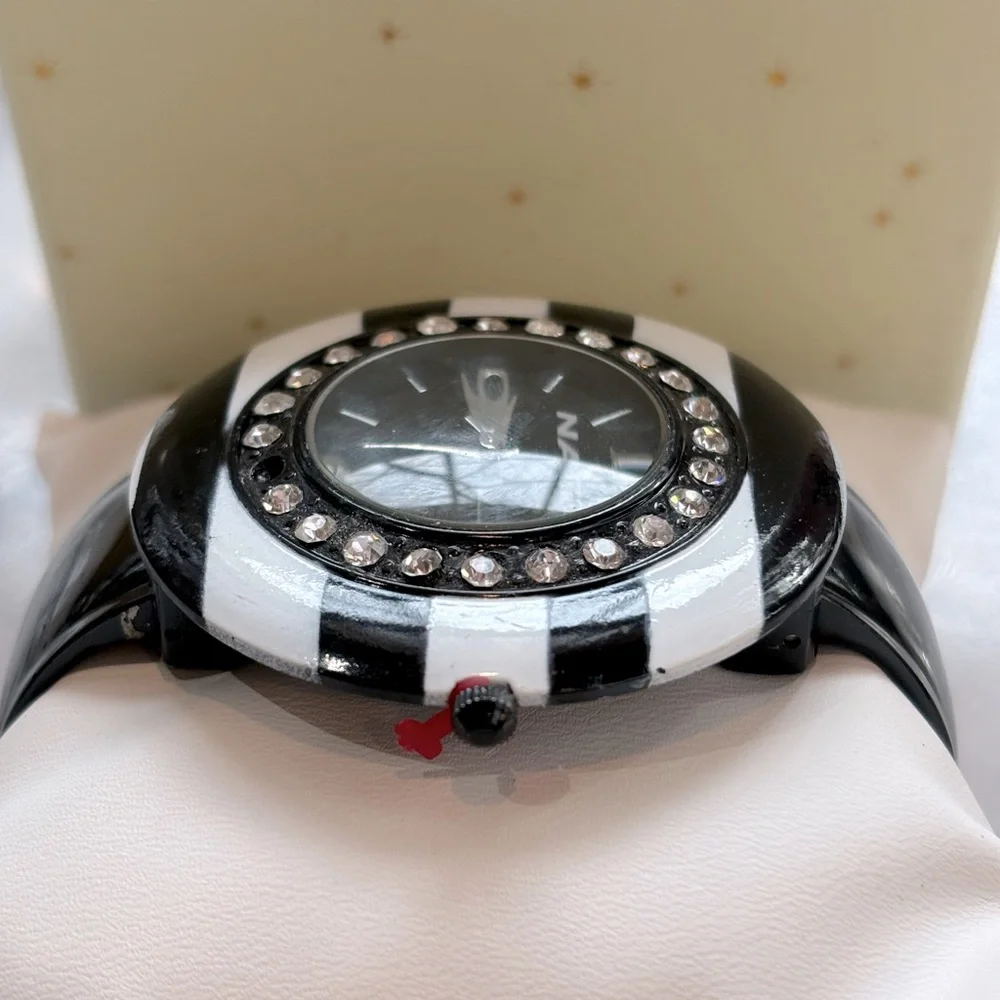 Narmi Cuff Bracelet‎ Black and White Striped Watch with Crystal Accents
